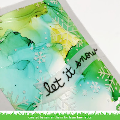Let it Snow Card Set by Samantha Mann for Lawn Fawnatics Challenge, Lawn Fawn, Alcohol Inks, Christmas, Christmas Cards, Card Making, Mixed Media, Heat Embossing, Die Cuts, Stencil #lawnfawnatics #lawnfawn #alcoholinks #christmascards #christmas #cardmaking