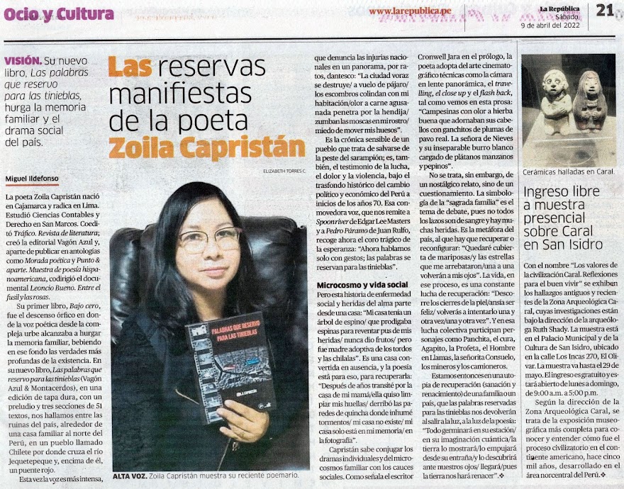 DIARIO LA REPUBLICA CULTURAL Las reservas manifiestas de la poeta Zoila Capristán