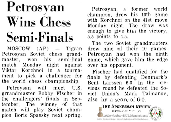 Petrosian Wins Chess Semi-Finals