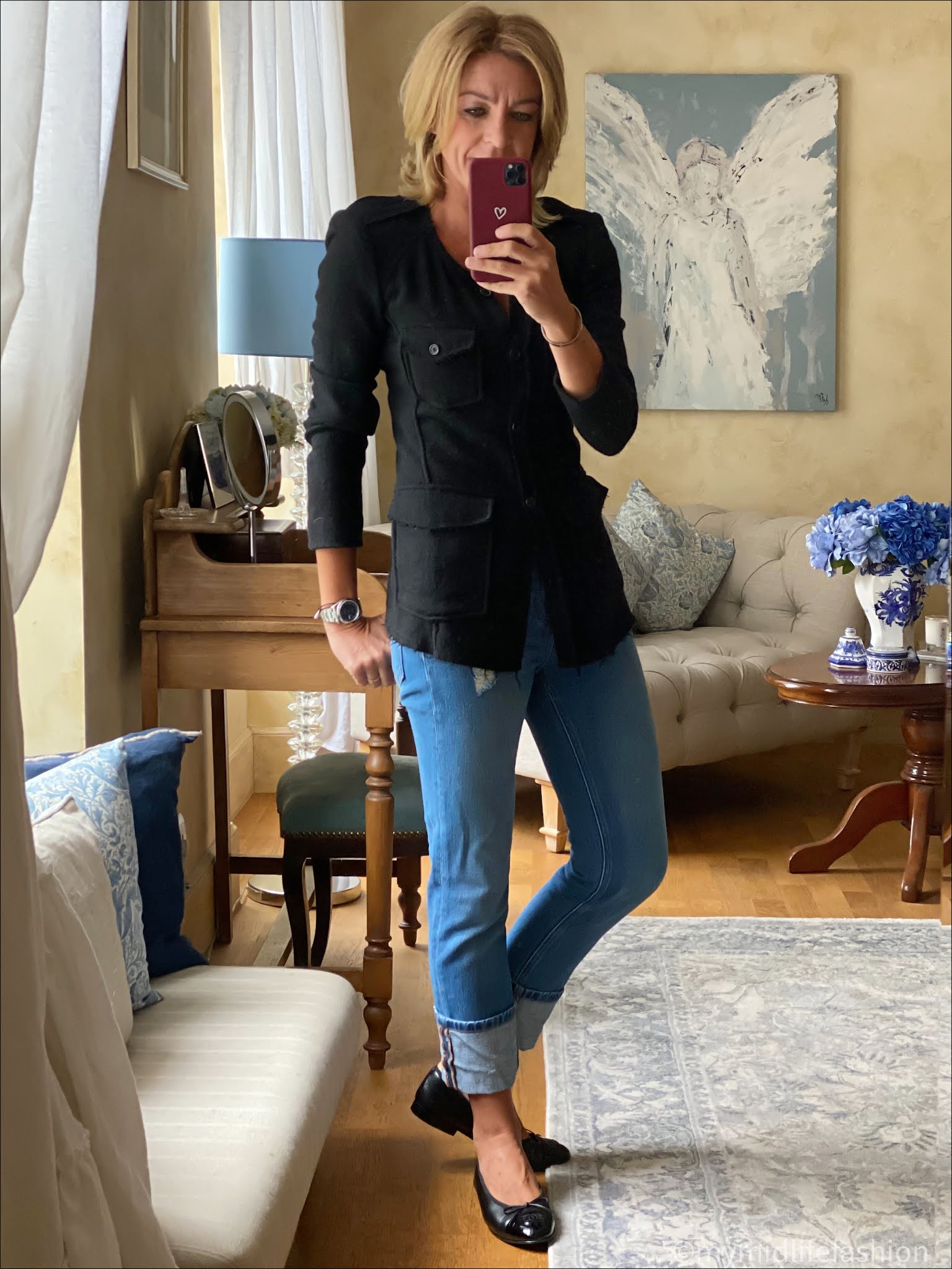 my midlife fashion, Isabel Marant Etoile boucle jacket, no 44 boyfriend jeans, Chanel ballet pumps