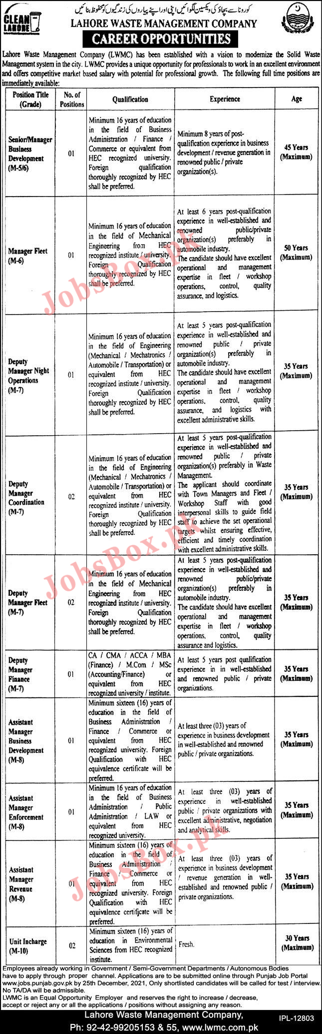 Lahore Waste Management Company LWMC Jobs 2021 Latest