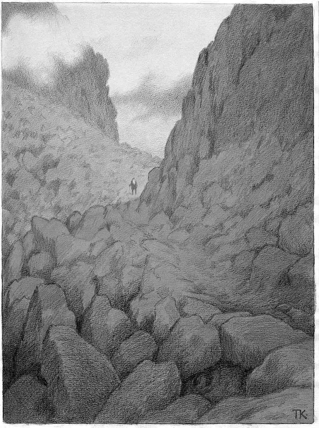 a Theodor Kittelsen illustration 1890, difficult walking in rocks