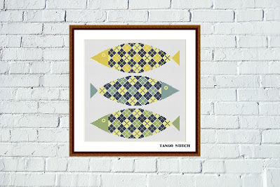 Tartan yellow fish cross stitch ornament pattern