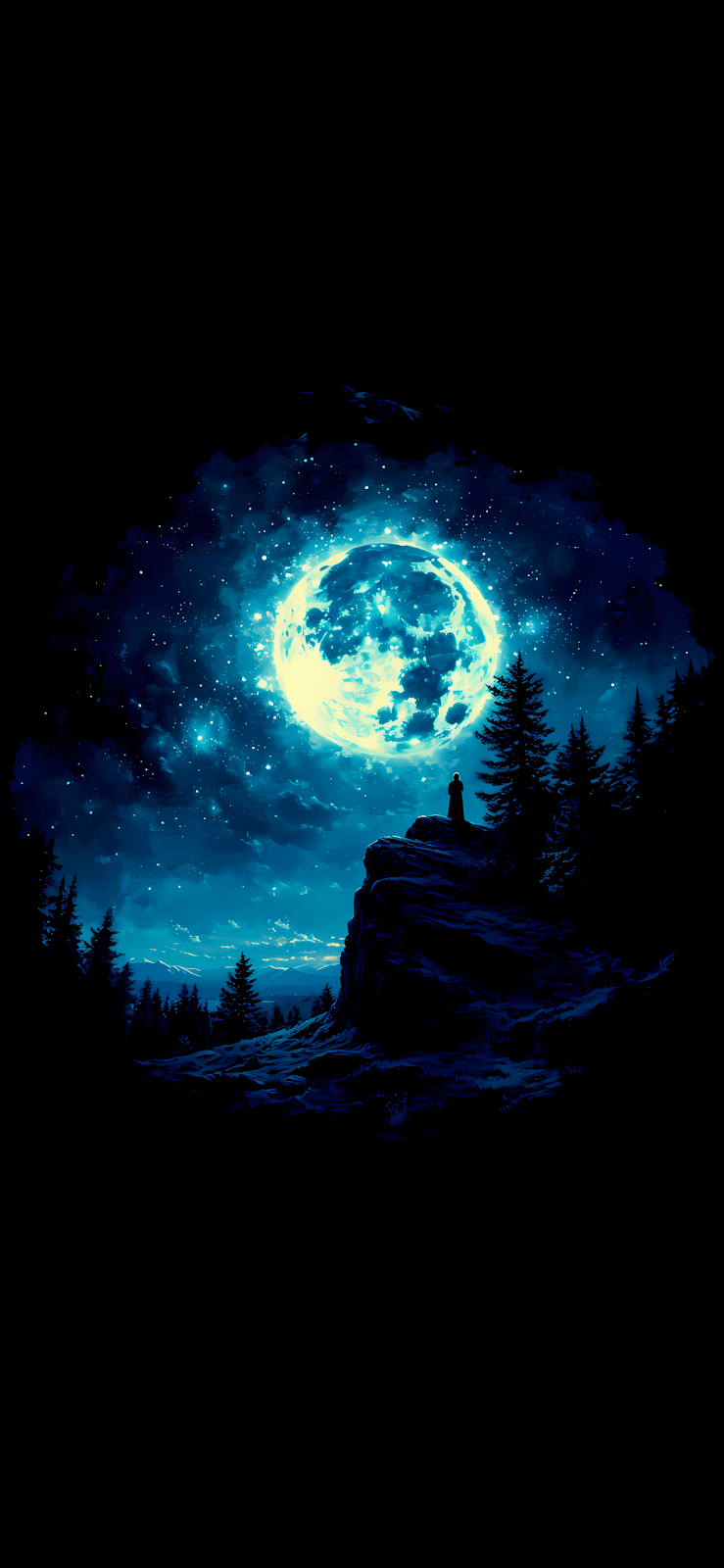 A solitary figure stands on a cliff, gazing at a large blue moon in a starry night sky.