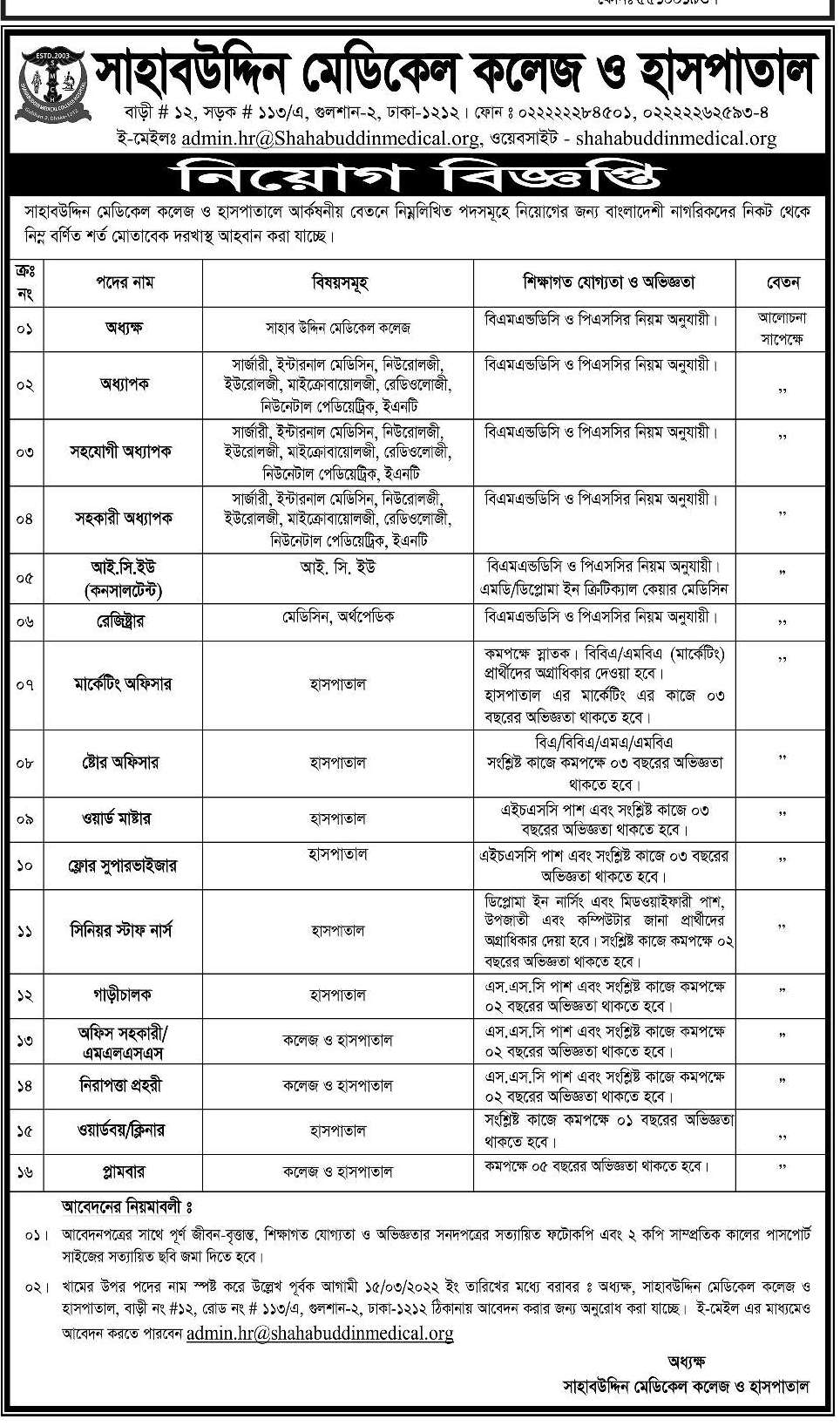 শাহাবুদ্দিন মেডিকেল কলেজ ও হাসপাতাল নিয়োগ বিজ্ঞপ্তি ২০২২|Shahabuddin Medical College and Hospital Job Circular 2022