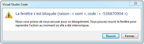 Error : La fenêtre s'est bloquée (raison : "oom", code : "-536870904") !