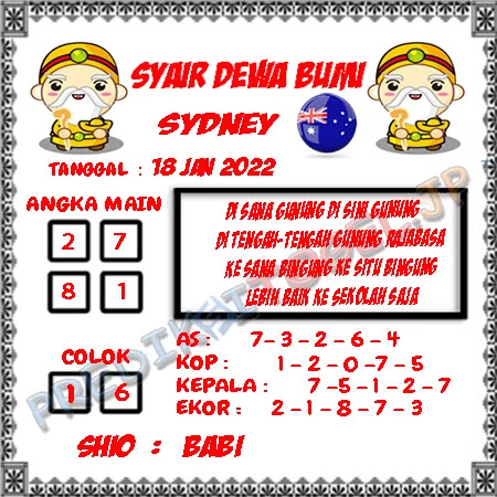 Syair Dewa Bumi Sydney Selasa 18-Jan-2022
