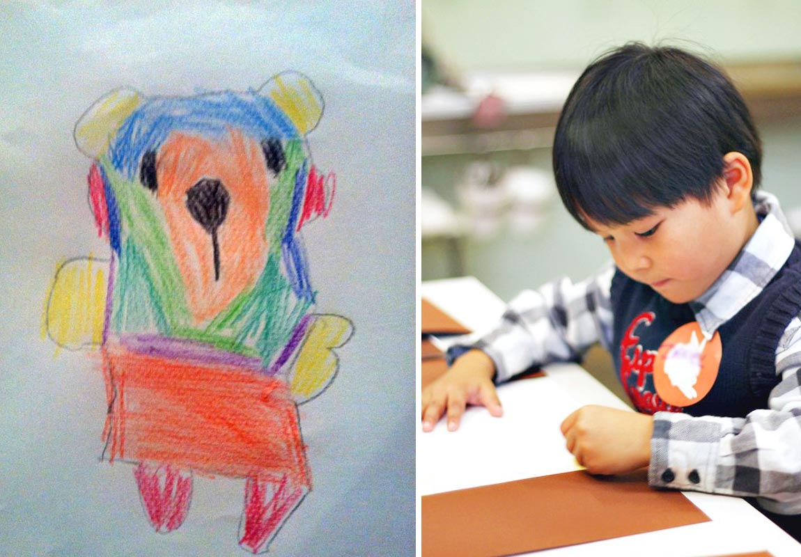 How to Encourage Creativity in Children, a gummy bear drawn by a 5 year-old, left-handed boy drawing