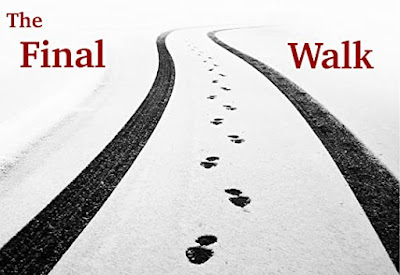 A snow covered road with one set on boot prints the caption reads The Final Walk