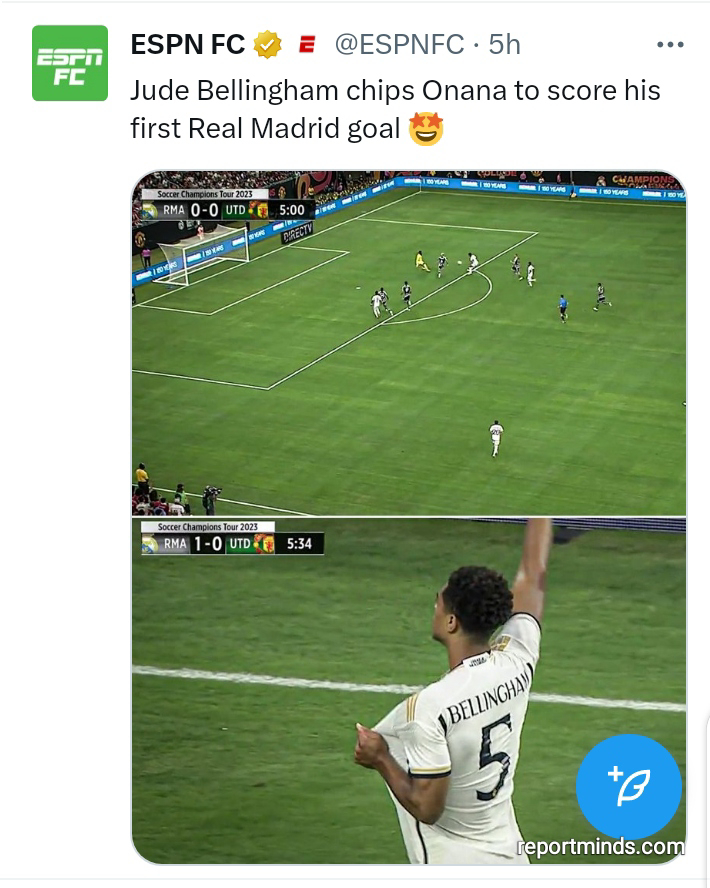 Jude Bellingham chips Onana to score his first Real Madrid goal in ...