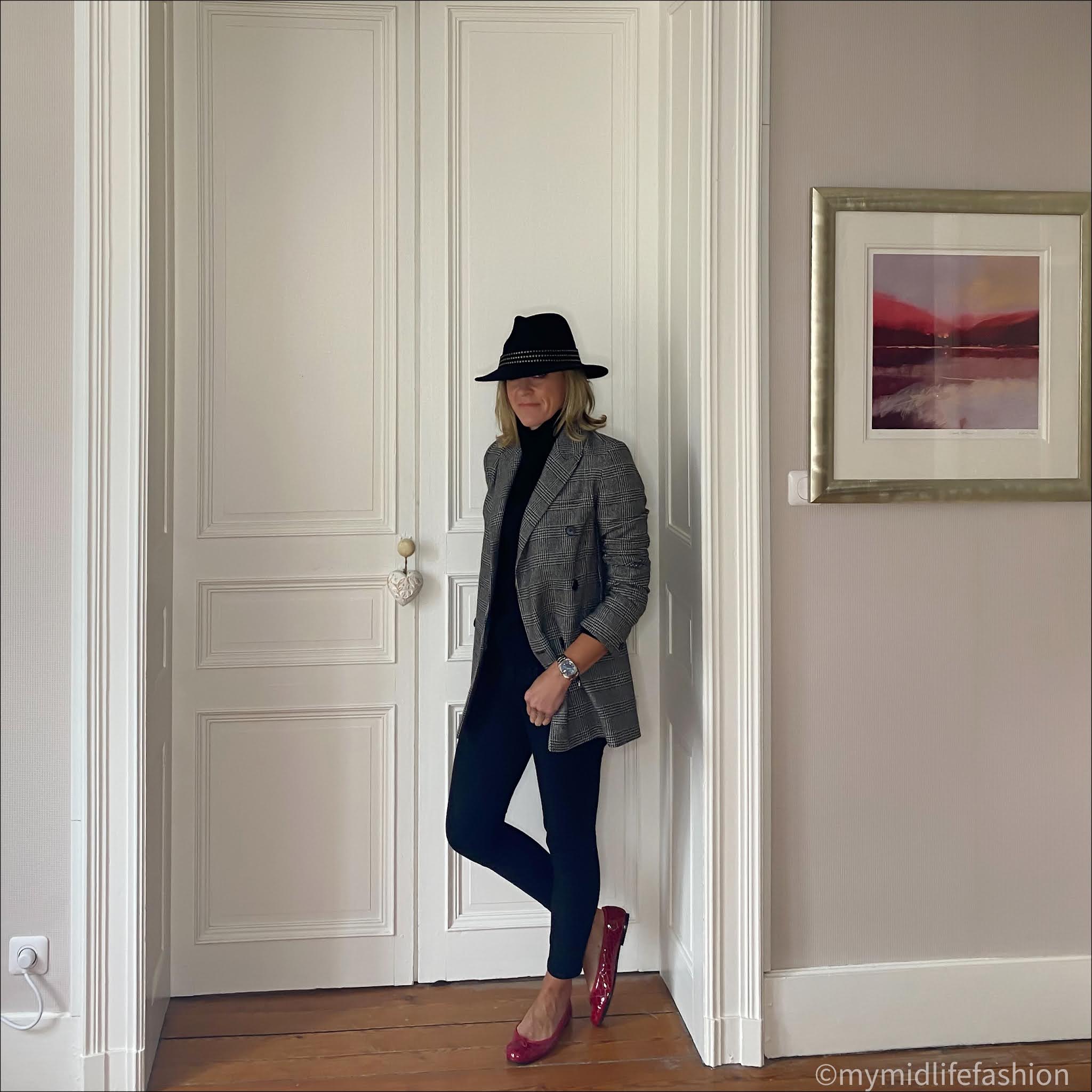 my midlife fashion, John Lewis & partners fedora hat, all saints Astrid check blazer, marks and Spencer pure cashmere roll neck jumper, j crew 8 inch toothpick skinny jeans, French sole Henriette ballet pumps