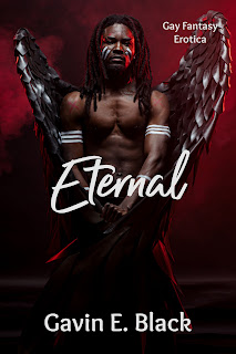 Gay Fantasy Erotica bookcover for Eternal showing dark-skinned angel with black wings