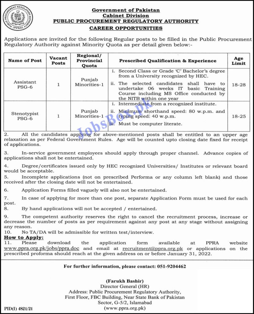 Cabinet Division Government of Pakistan Jobs 2022 in Pakistan