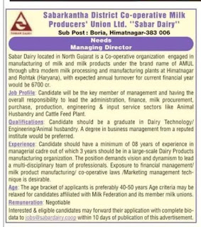 Sabar Dairy recruitment for various Posts 2022