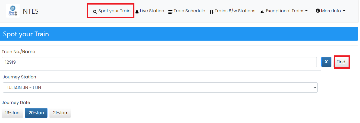 Spot your train पर क्लिक करें