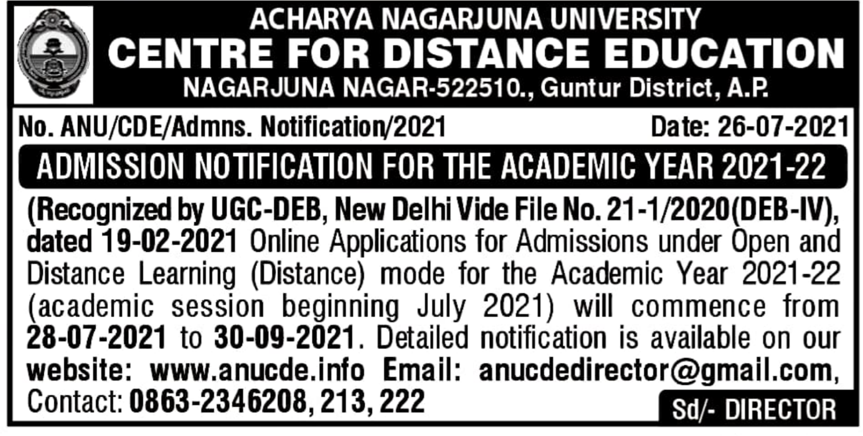 ACHARYA NAGARJUNA UNIVERSITY ADMISSION NOTIFICATION
