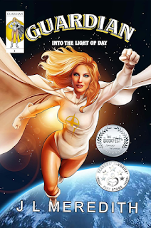 A fearless alien superhero, Guardian (Elizabeth), soars through a fiery meteor shower, protecting a city skyline below. Guardian: Into the Light of Day promises a lighthearted, action-packed superhero adventure for adults, filled with intrigue and a touch of romance. Acclaimed by critics and readers alike, it's a winner like the BookFest Silver Medal and Readers' Favorite 5-Star Award. Available on Kindle, Kindle Unlimited, paperback, and hardback