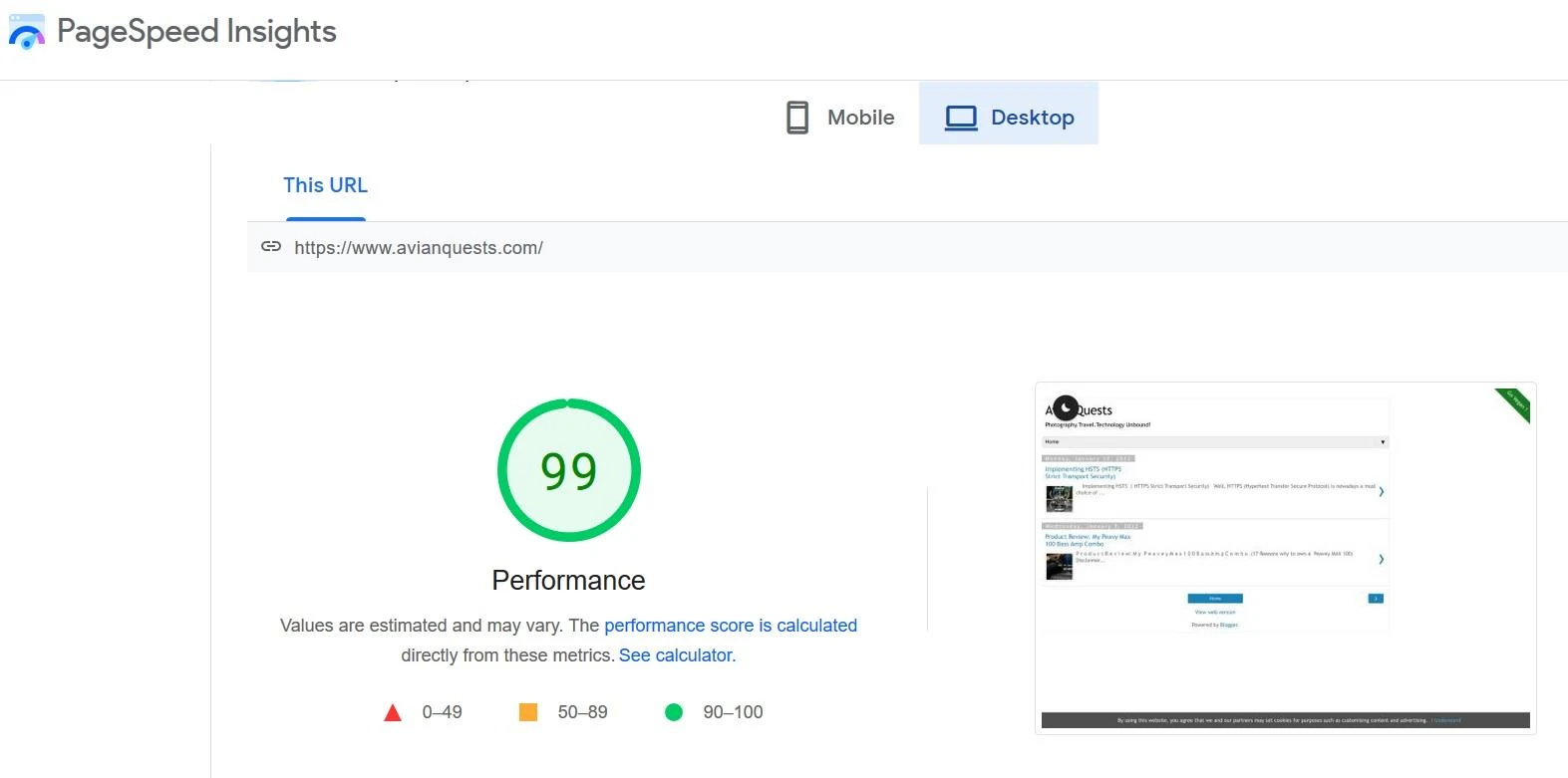 Google PageSpeed Insights January 24, 2022 Avianquests Desktop PC