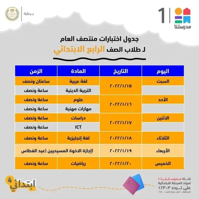 جدول اختبارات الصف الرابع الابتدائى 2022