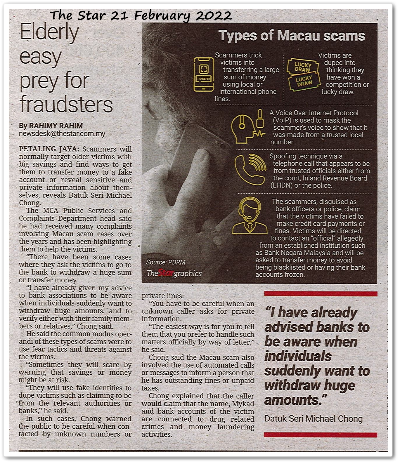 Elderly easy prey for fraudsters - Keratan akhbar The Star 21 February 2022