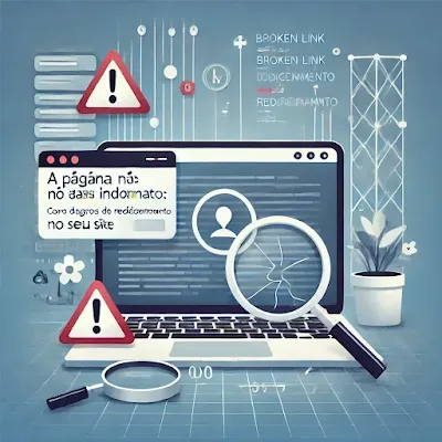 Imagem ilustrativa mostrando o processo de diagnóstico e resolução de erros de redirecionamento em sites, com foco na importância da indexação de páginas para o SEO e o desempenho nas buscas do Google.