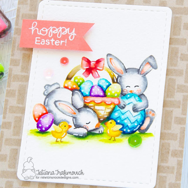 Hoppy Easter Card by Tatiana Trafimovich | Newton's Easter Basket Stamp Set, Frames & Flags Die Set and Basketweave Stencil by Newton's Nook Designs #newtonsnook