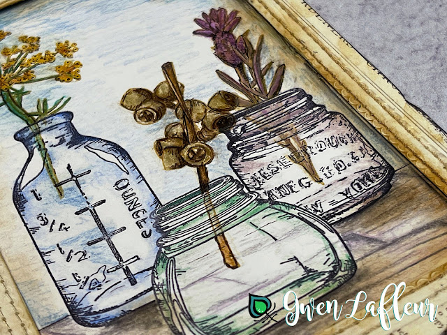 Closeup of bottles and sprigs stamp project with EGL25 - Gwen Lafleur