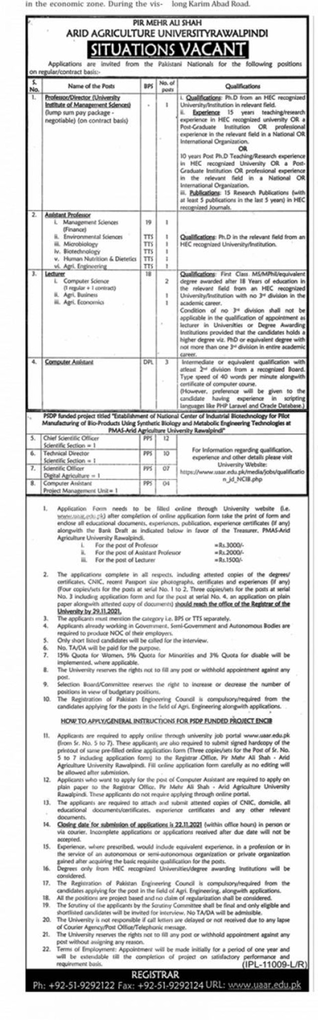 Pir Mehr Ali Shah ARID Agriculture University Rawalpindi Jobs 2021