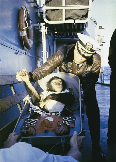 Знаменитое «рукопожатие» — Хэм после приводнения на палубе с командиром спасательного корабля.