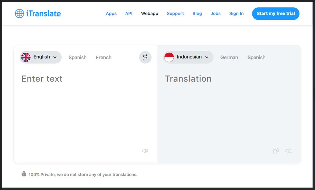 tampilan web app iTranslate