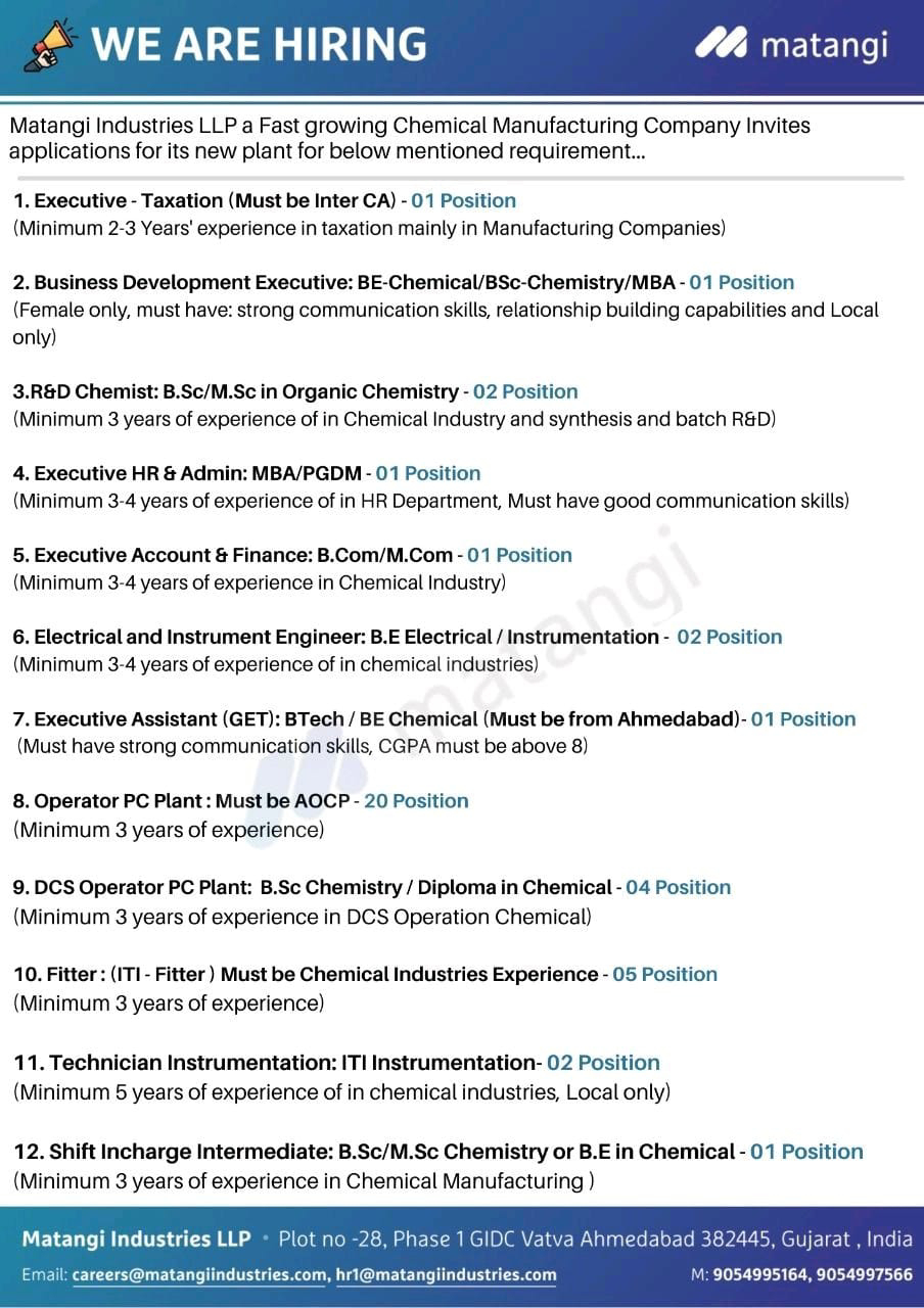 Job Availables,Matangi Industries LLP Job Vacancy For B.E/ B.Tech Chemical/ Electrical/ Instrumentation/ BSc/ MSc/ Ph D/ CA/ Diploma Chemical/ MBA/ PGDM/ B.Com/ M.Com/ ITI