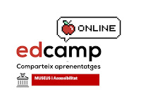 Logotip de les lletres edcamp online, amb una poma dibuixada en píxels