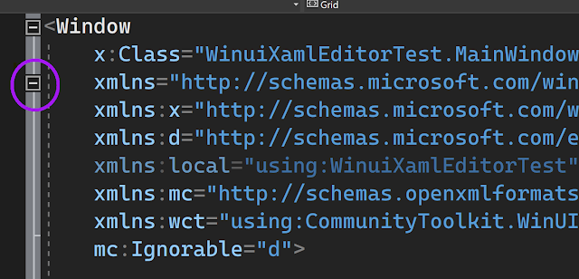 A partial XAML file screenshot showing a new outlining node next to xmlns multi-line attributes