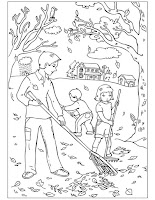 Father and kids clean falling leaves drawing