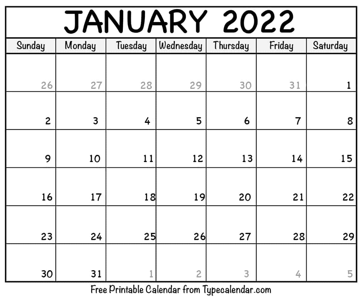 January Calendar 2022