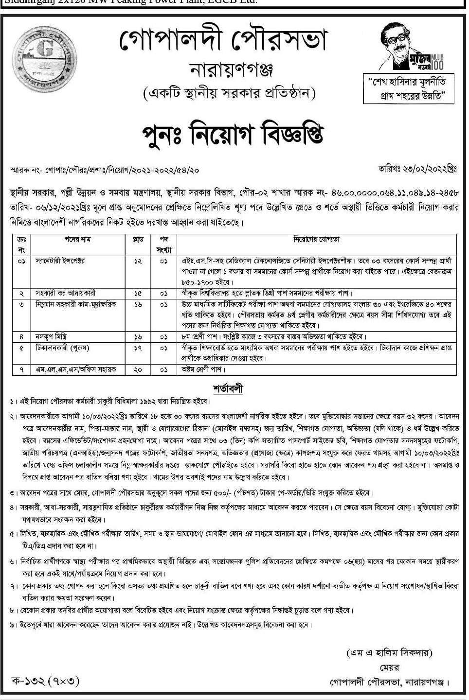 গোপালদী পৌরসভা কার্যালয় নিয়োগ বিজ্ঞপ্তি ২০২২ | Municipality office job circular 2022