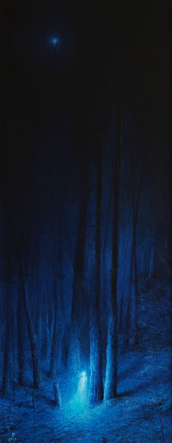 An image of a forest at night in dark inky blue with tall trees, and a glowing figure amongst the bases with a star shining down. Created by Vladislav Pantic.