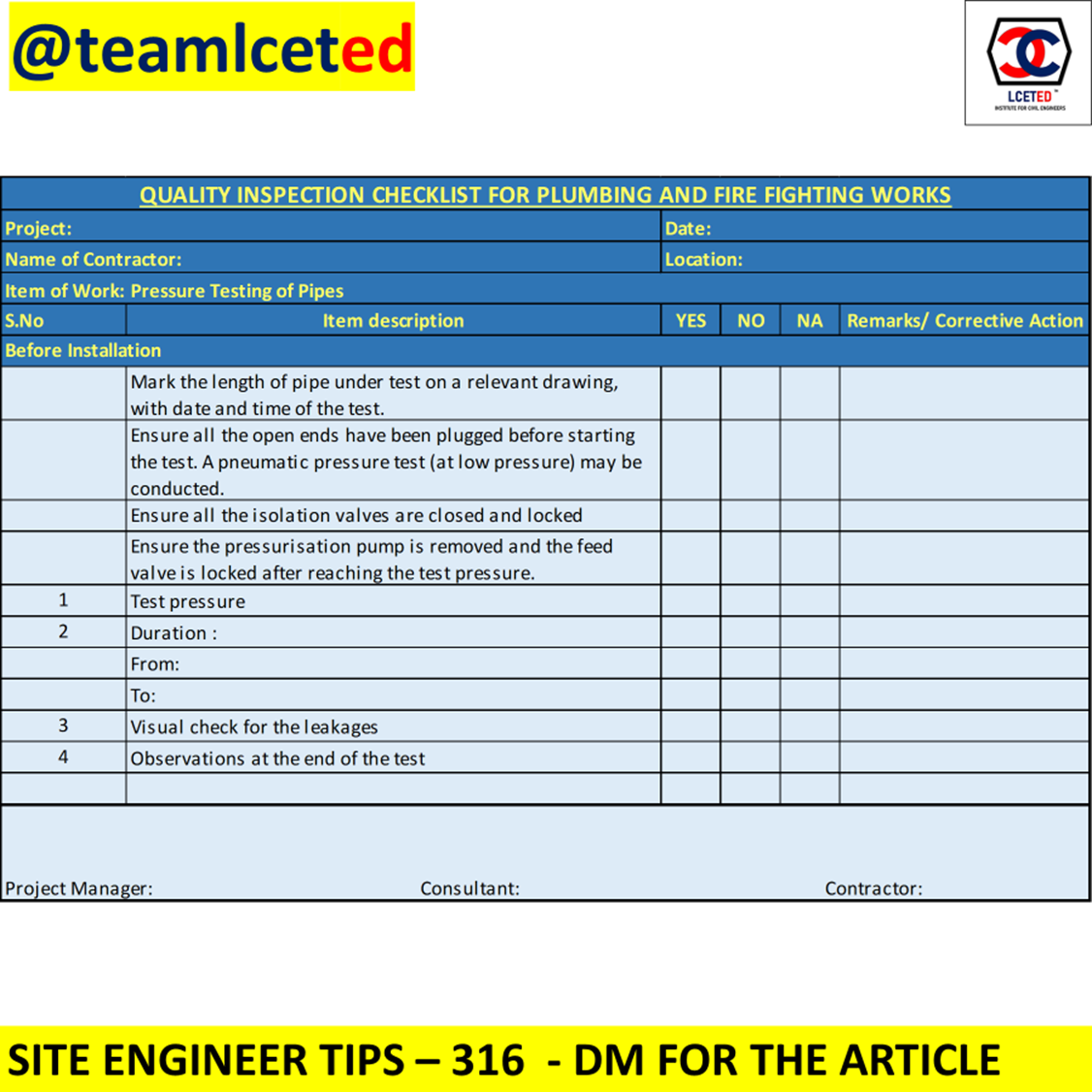 Checklist on Pressure Testing of Pipes