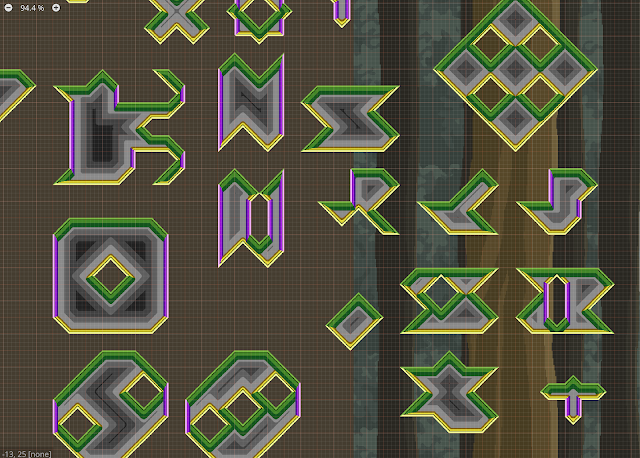 A screenshot of the Godot scene editor showing some auto-tiled shapes using my new corner-match autotilig system.