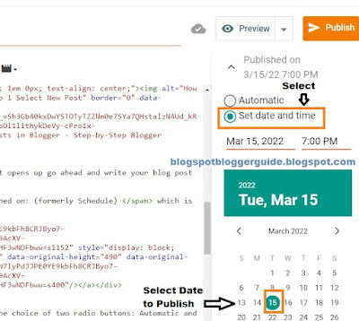 How to Schedule Blog Posts in Blogger - Step-by-Step Blogger Tutorial - Step 3 Select Date and time you wish to publish by clicking on Published On