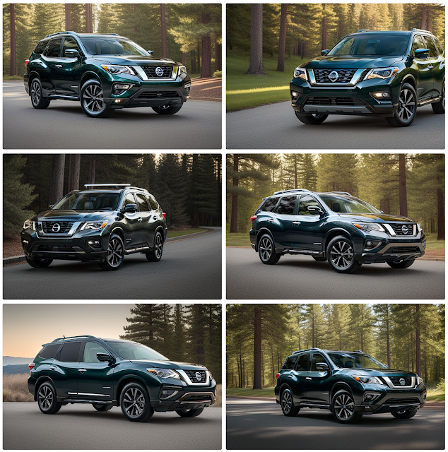 Series of AI generated images of a 2018 R52 Nissan Pathfinder in midnight pine