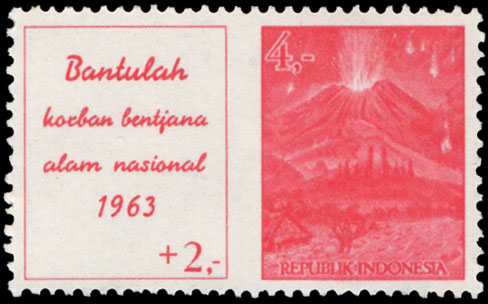 Indonesian Postage Stamp I-71 Bali Volcano Disaster Fund, Mount Agung Erruption 4+2 rupiah 1963