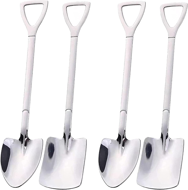 A picture of shiny metal shovels.