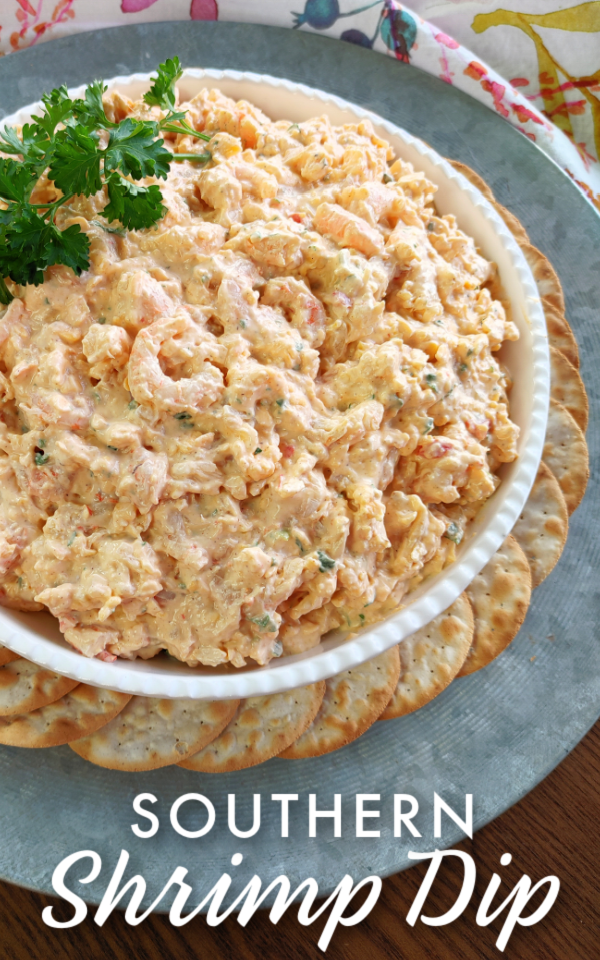 Southern Shrimp Dip! A party pleasing appetizer recipe with shrimp, cream cheese, Cajun seasoning and tons of flavor perfect on crackers.