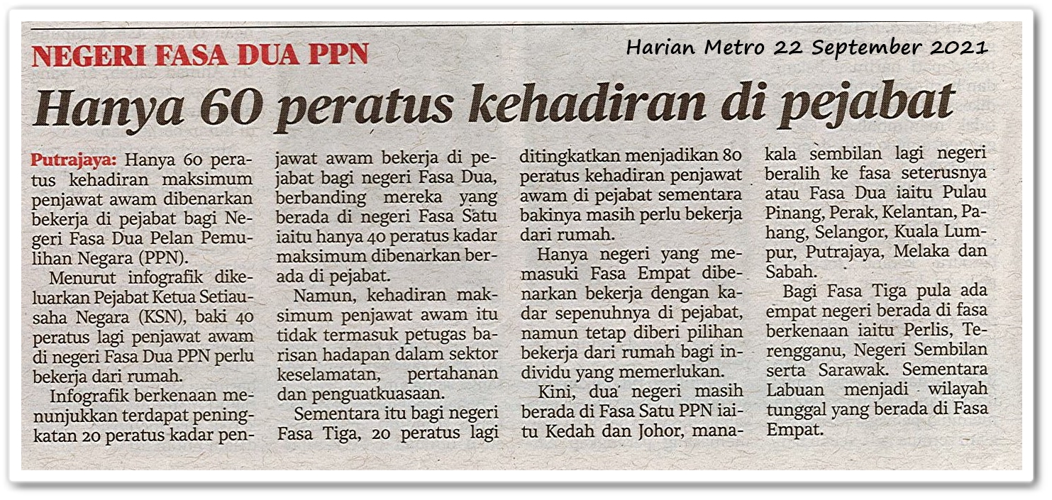 Hanya 60 peratus kehadiran di pejabat ; Negeri fasa dua PPN - Keratan akhbar Harian Metro 22 September 2021