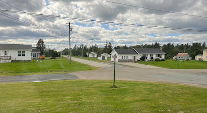 A view from the train window as we passed through a small community. There are three or four white shuttered houses, along the rail track.