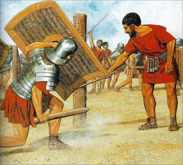 Рисунок Питера Коннолли с реконструкцией процесса обучения римских солдат фехтованию.