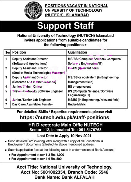 NUTECH jobs 2021 – National University of Technology jobs 2021