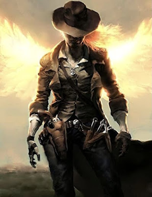 female gunfighter painted with her hat low enough to hide her face with wings of white fire behind her back