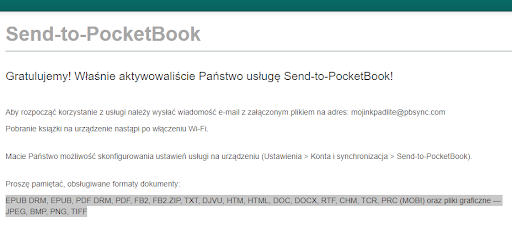 Komunikat o aktywacji usług Send-to-PocketBook